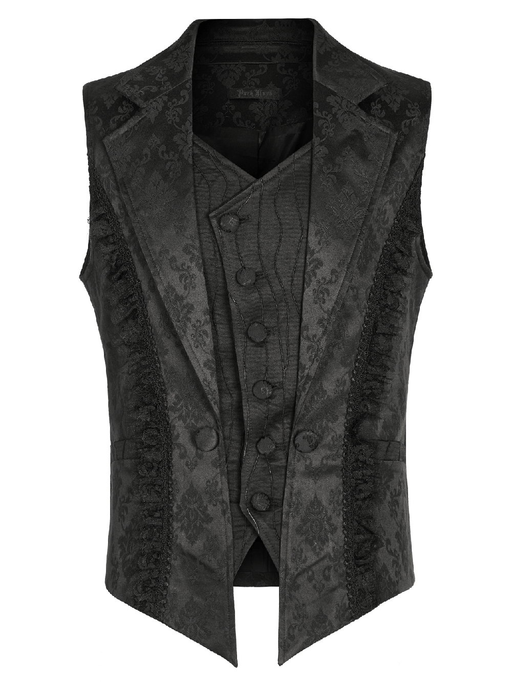 Victorian Gothic Jacquard Lace-Up Waistcoat with elegant lace detail and sharp lapel, perfect for gothic fashion lovers.