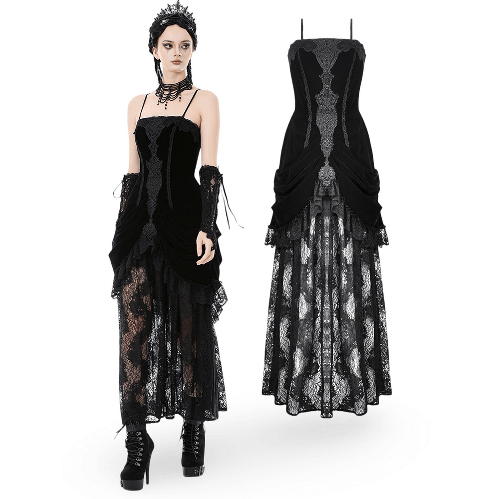 Victorian Gothic Lace and Velvet Layered Evening Dress featuring a structured velvet corset and lace overskirt.