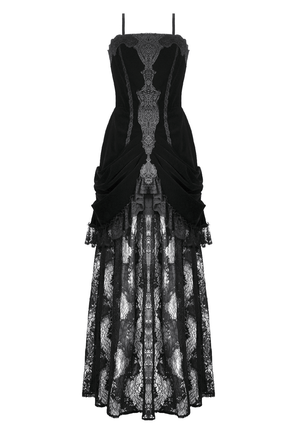 Victorian Gothic Lace and Velvet Layered Evening Dress featuring intricate lace and velvet design.