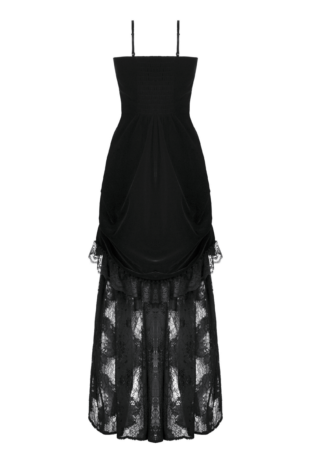 Victorian Gothic Lace and Velvet Layered Evening Dress showcasing a black corset with lace trim and velvet bodice.