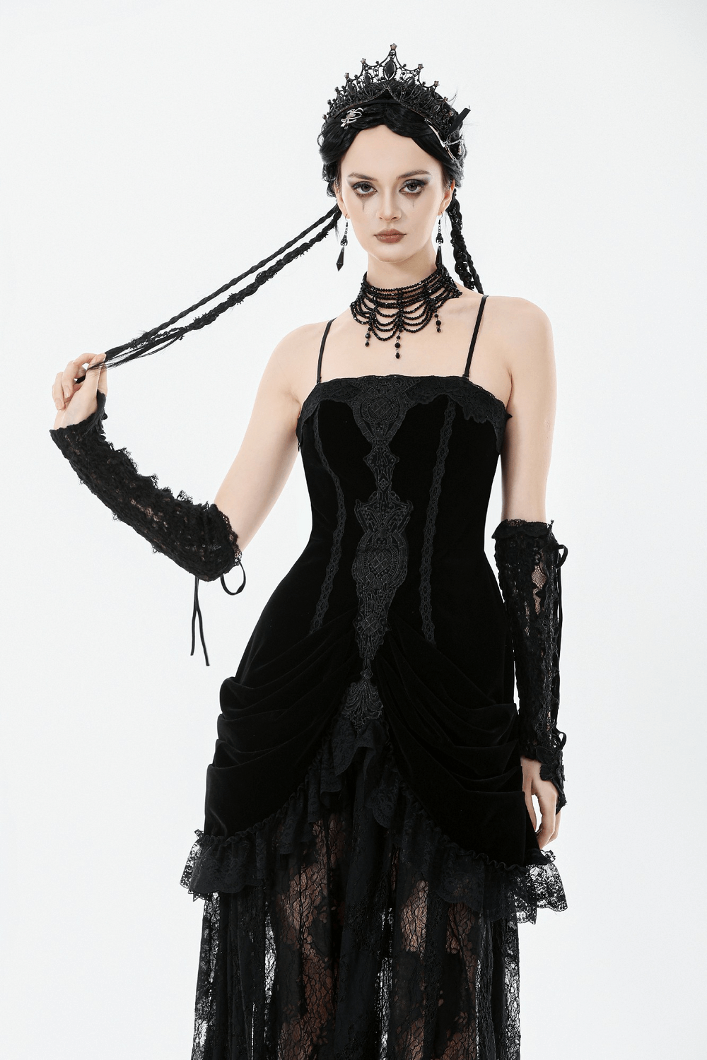 Victorian Gothic Lace and Velvet Layered Evening Dress worn by model showcasing elegant details and dramatic lace layers.