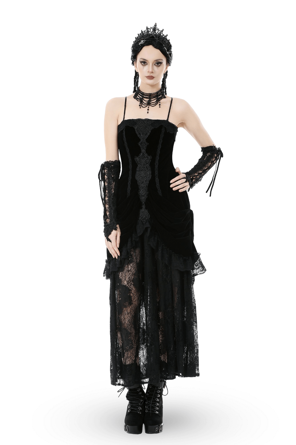 Victorian Gothic Lace and Velvet Layered Evening Dress showcased on a mannequin with intricate details and dramatic layers.
