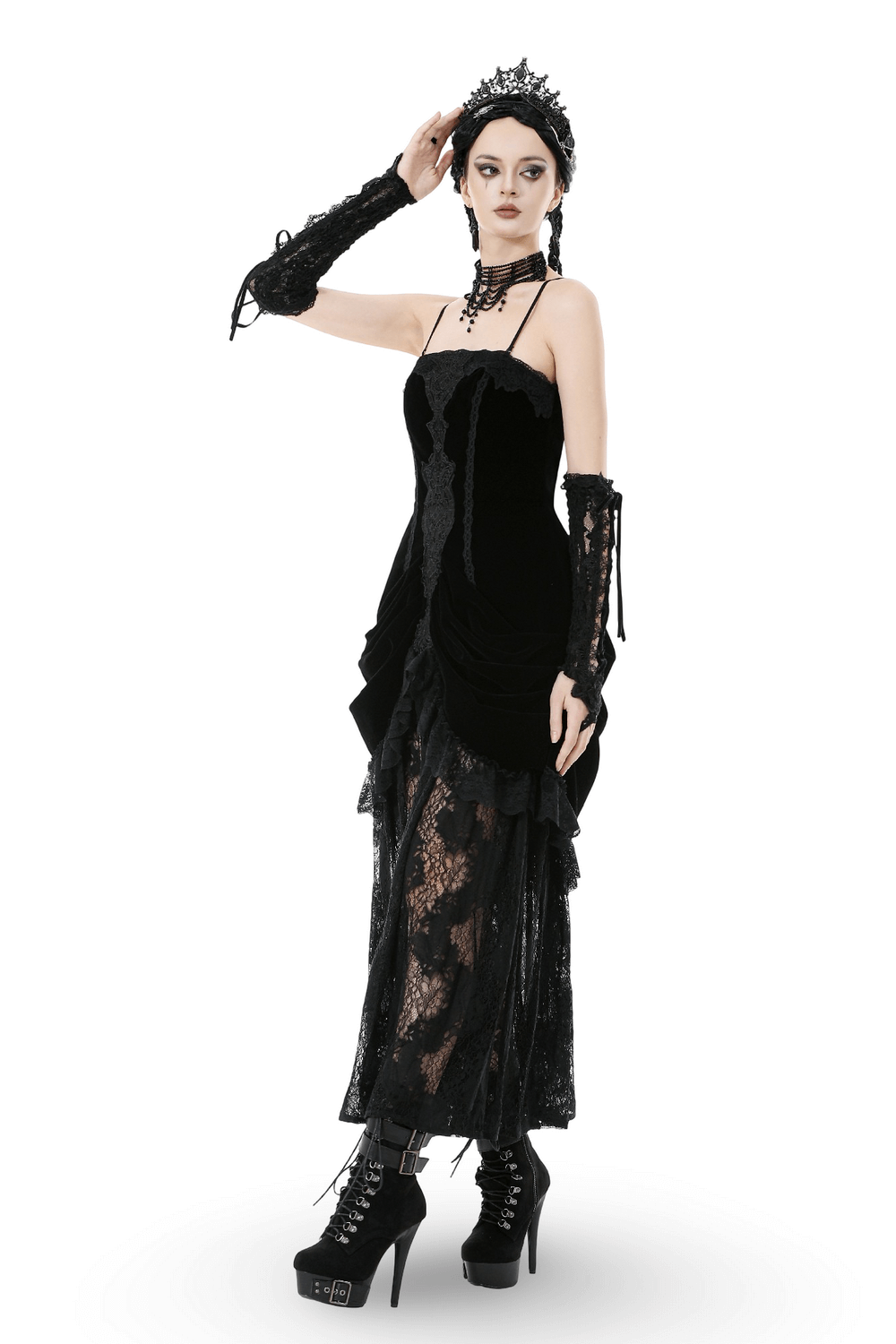 Victorian Gothic Lace and Velvet Layered Evening Dress showcased on a mannequin with intricate lace and velvet design.