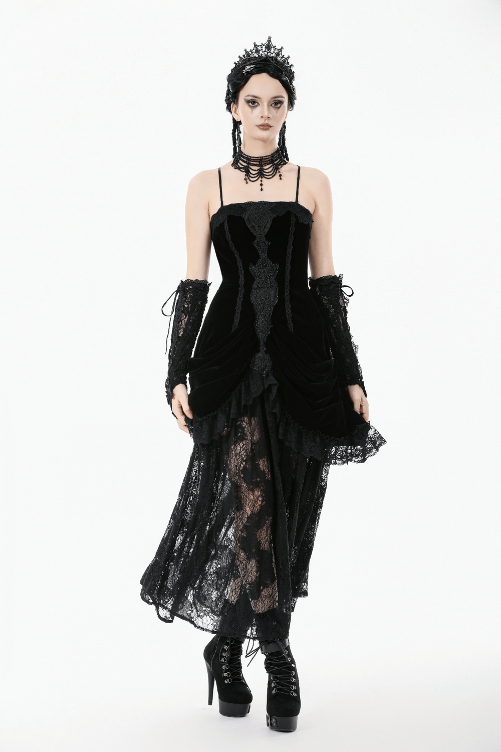 Victorian Gothic Lace and Velvet Layered Evening Dress modeled with elegant accessories and dramatic flair.