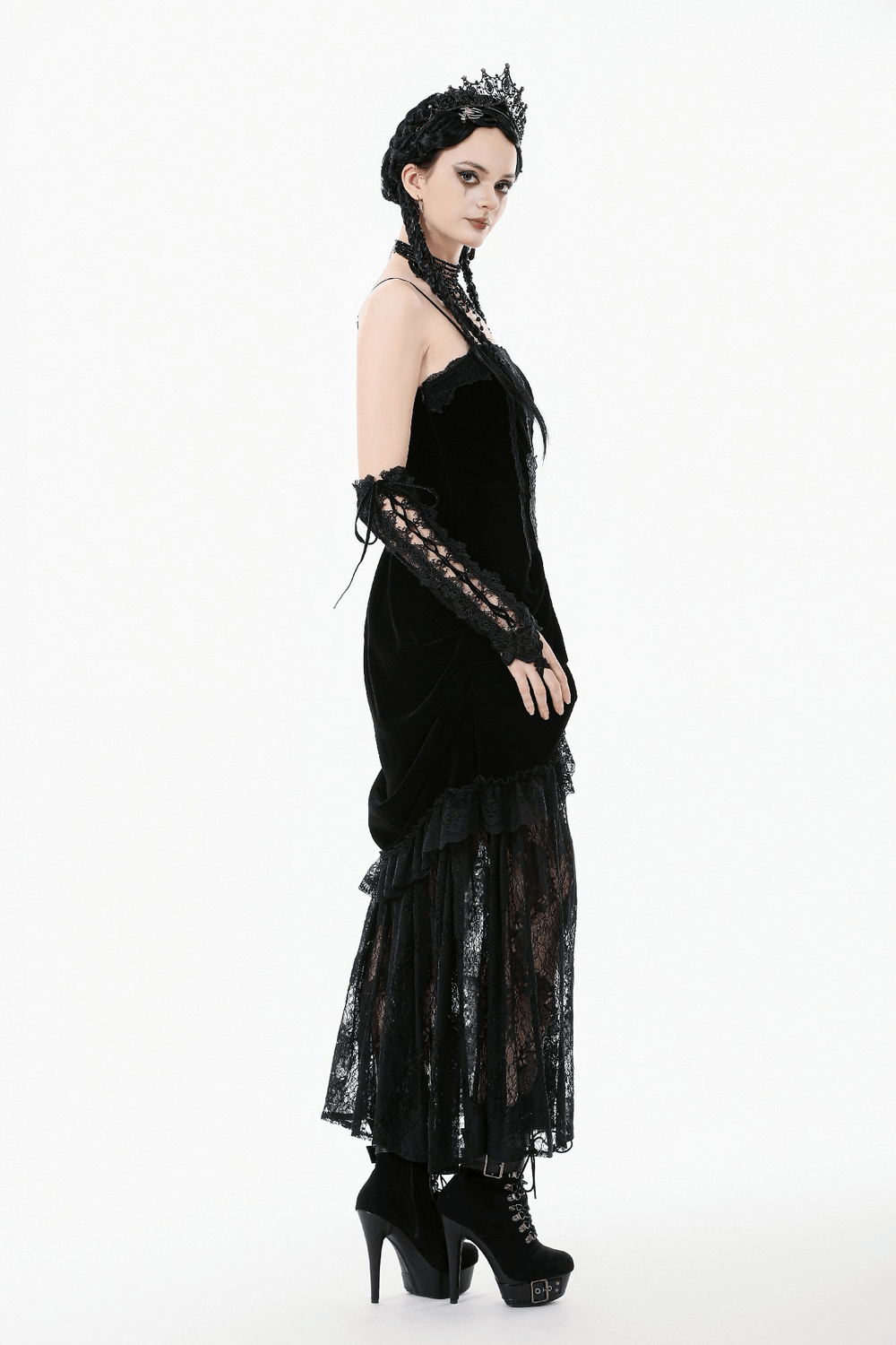 Victorian Gothic Lace and Velvet Layered Evening Dress showcased on model, featuring corset bodice and dramatic lace layers.