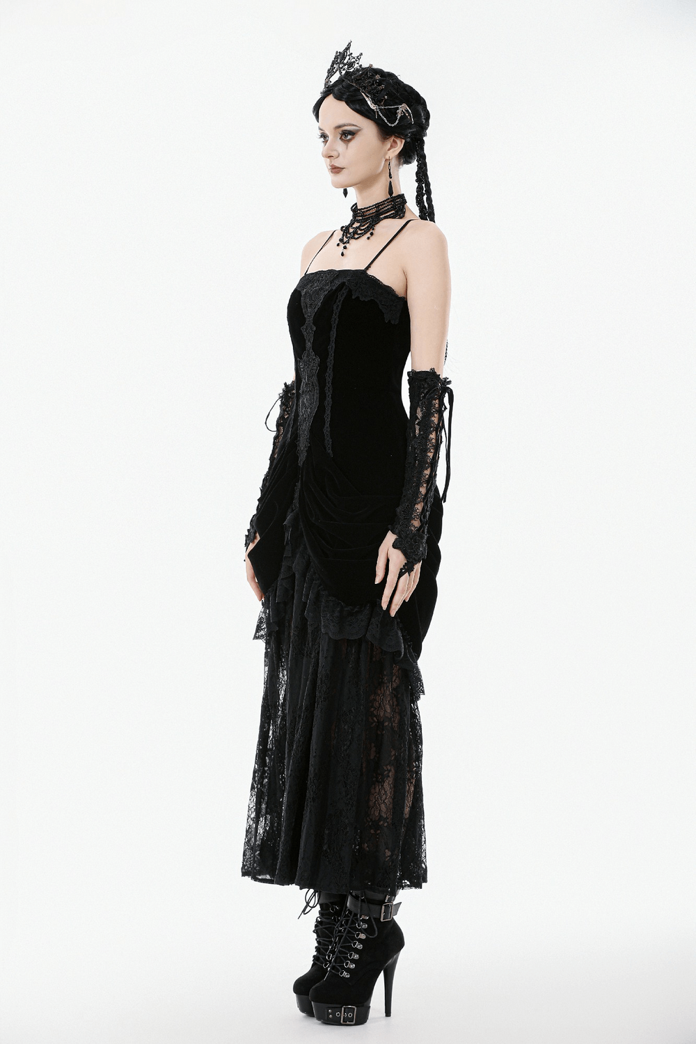 Victorian Gothic Lace and Velvet Layered Evening Dress worn by a model showcasing its elegance and dramatic style.