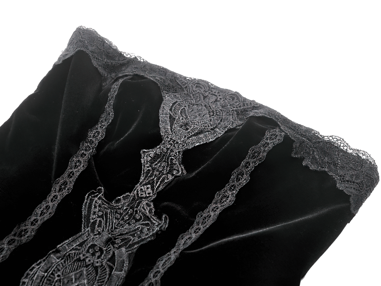 Victorian Gothic Lace and Velvet Layered Evening Dress close-up showing intricate lace detail on velvet.