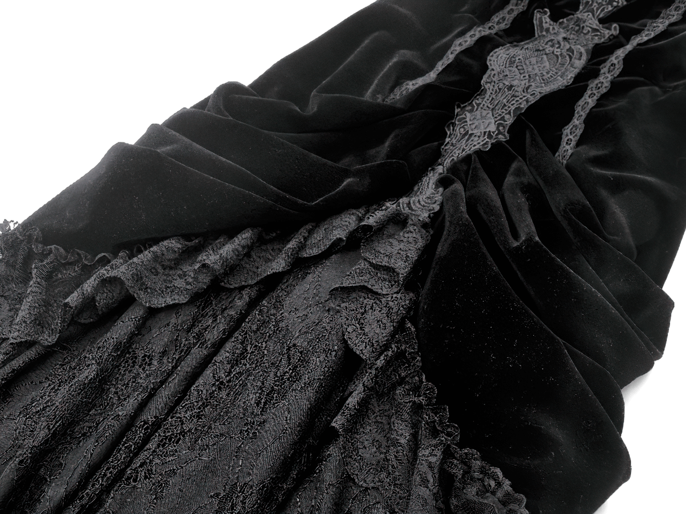 Victorian Gothic Lace and Velvet Layered Evening Dress showing luxurious velvet and intricate lace details.
