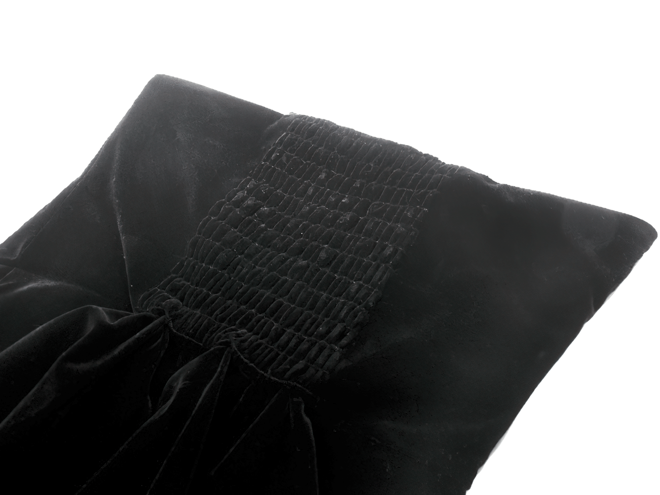 Detail of Victorian Gothic Lace and Velvet Layered Evening Dress showing the velvet bodice and shirred back design.