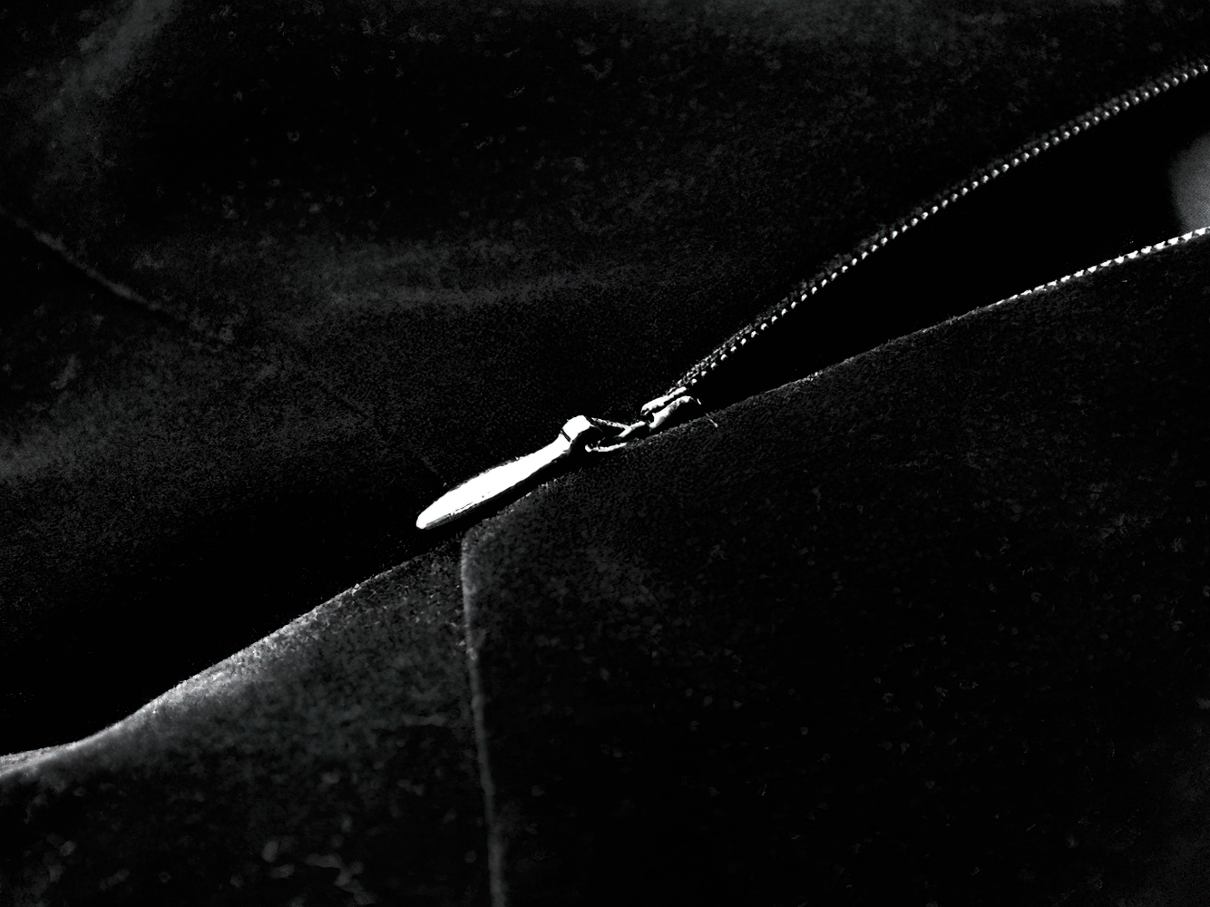 Close-up of the zipper on the Victorian Gothic Lace and Velvet Layered Evening Dress, showcasing its elegant black velvet fabric.