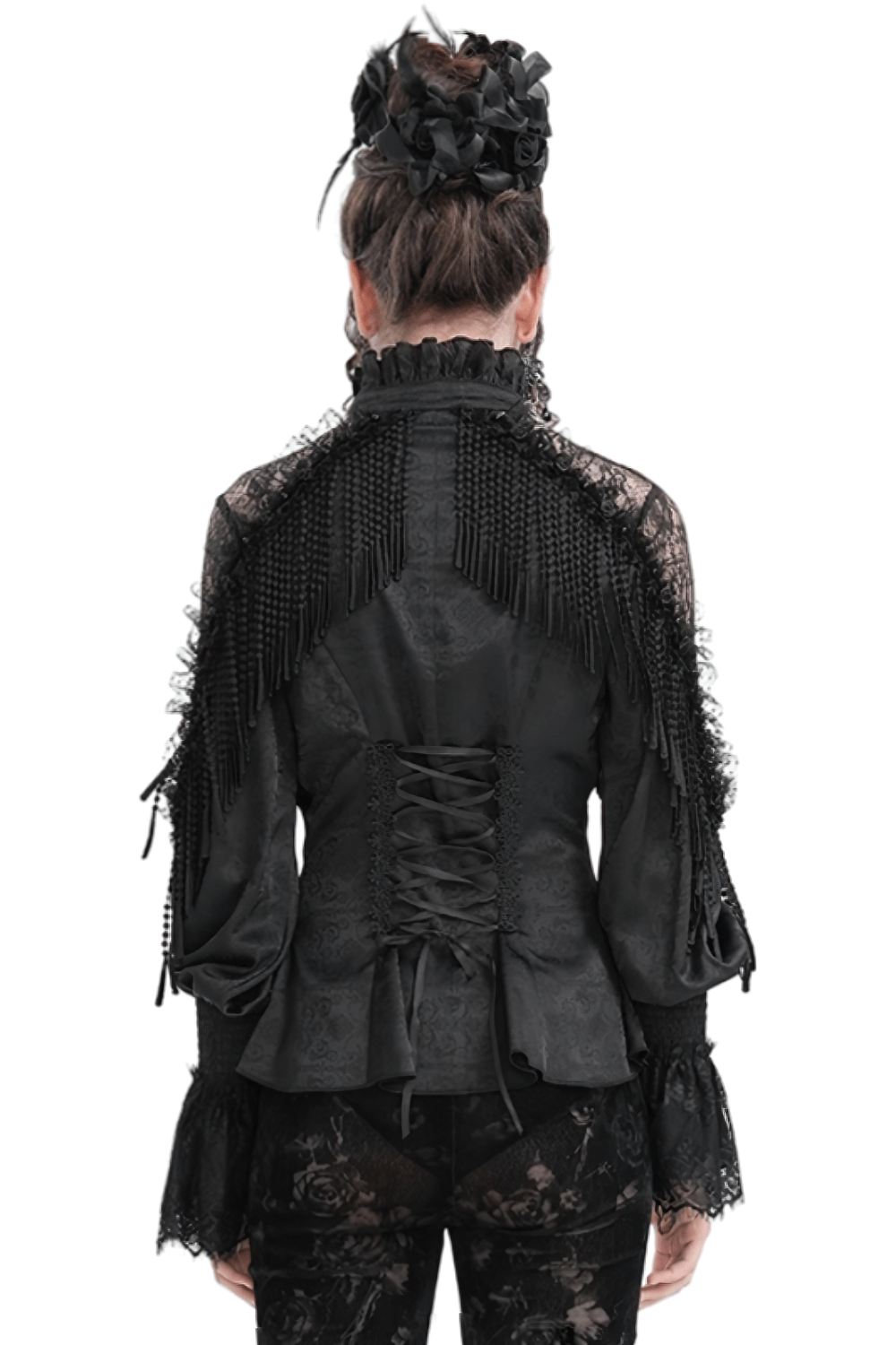 Elegant Victorian gothic lace blouse with corset-style back and dramatic sleeves, showcasing intricate beaded tassels.