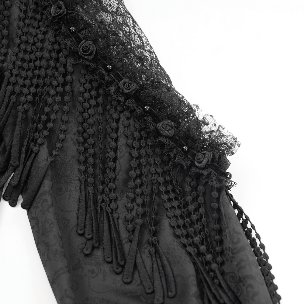 Elegant black lace blouse with beaded tassels and floral accents, perfect for gothic and Victorian style enthusiasts.