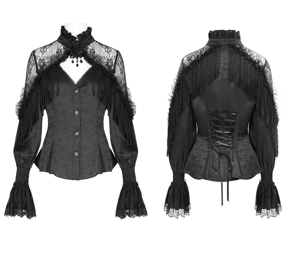 Victorian gothic lace blouse with beaded tassels and corset back, featuring dramatic bubble sleeves and floral accents.