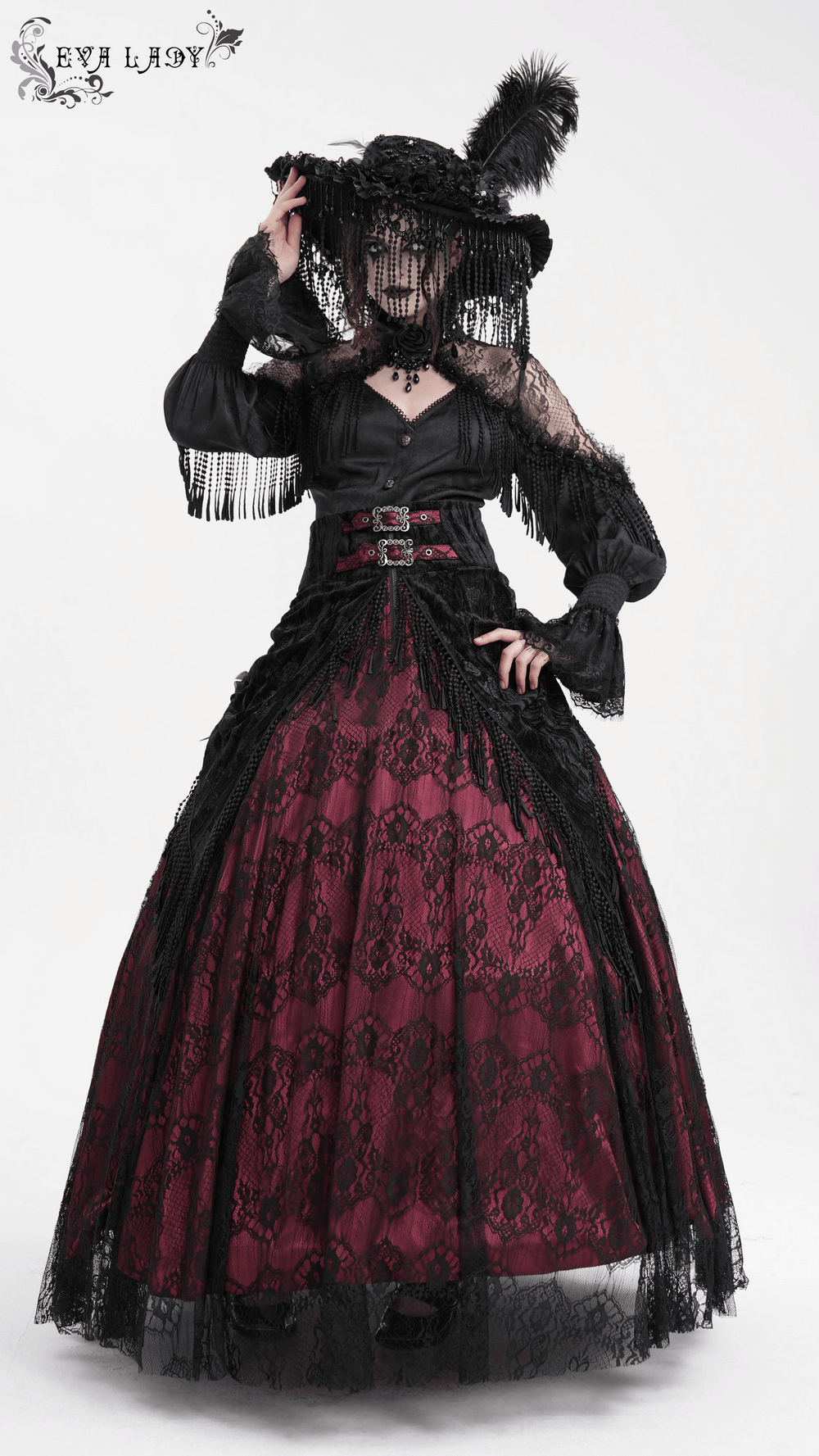 Elegant Victorian gothic outfit with black lace and burgundy skirt, showcasing intricate detailing and dramatic sleeves.