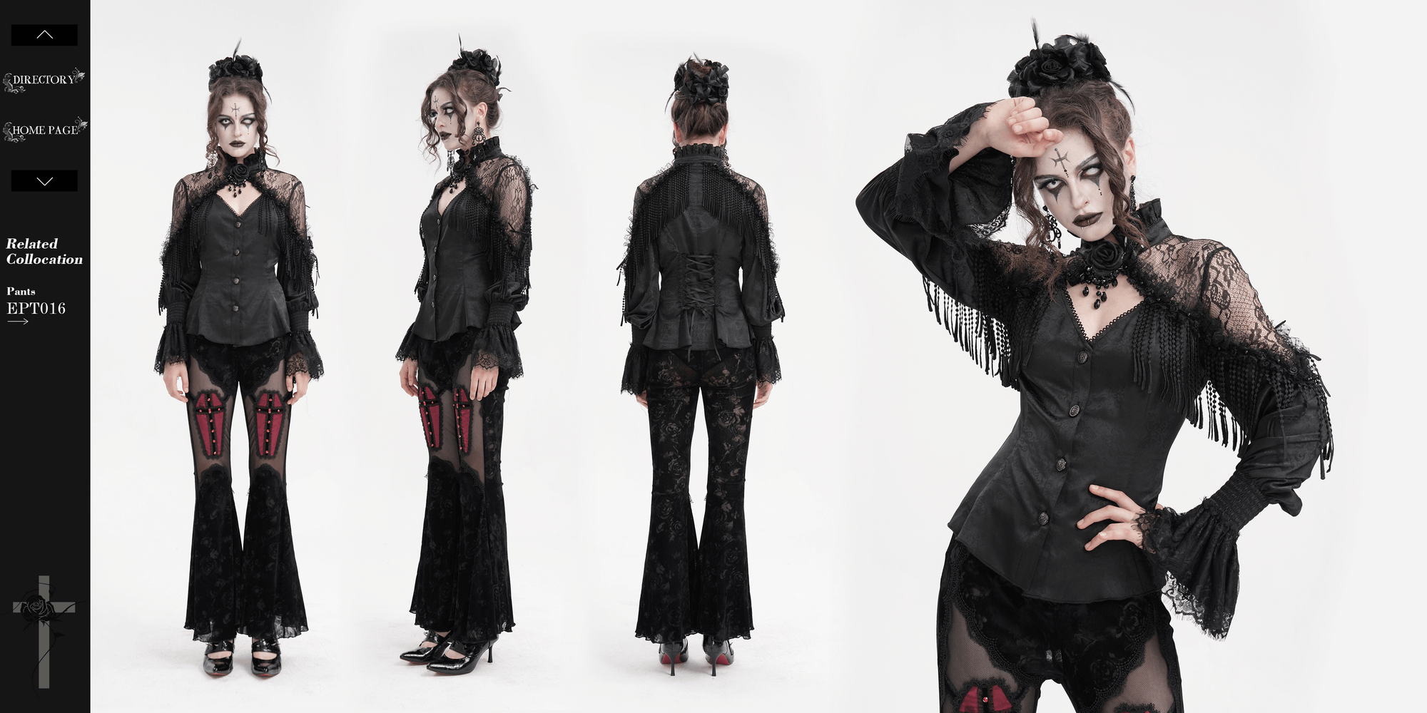 Elegant Victorian gothic lace blouse with beaded tassels, paired with dramatic flared pants and accessories.