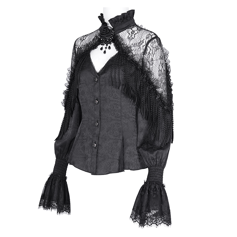 Elegant Victorian gothic lace blouse with beaded tassels, high neckline, and dramatic bubble sleeves.