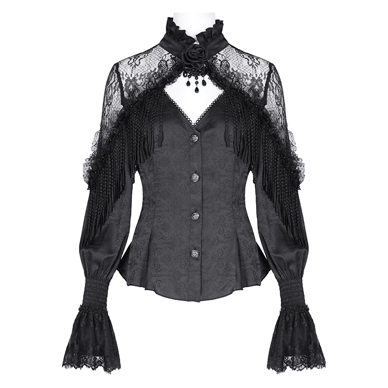 Elegant Victorian gothic lace blouse with beaded tassels, high neckline, and dramatic bubble sleeves. Perfect for gothic style lovers.