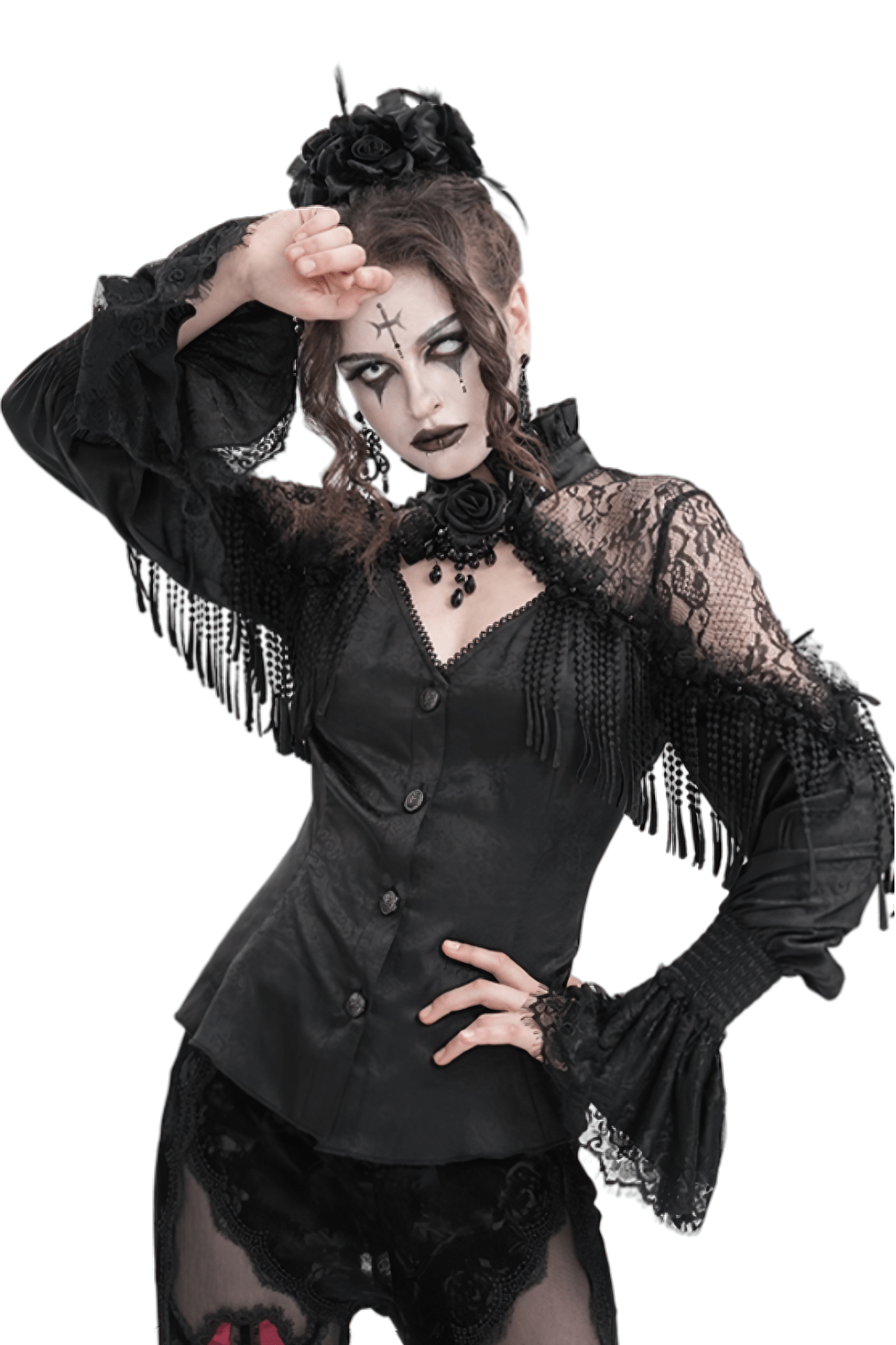 Elegant Victorian Gothic lace blouse with beaded tassels and dramatic bubble sleeves, perfect for gothic fashion.