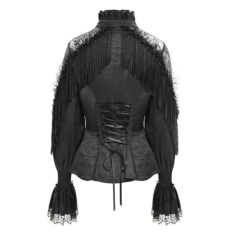 Elegant Victorian Gothic lace blouse showcasing beaded tassels and corset-style lace-up back with dramatic bubble sleeves.