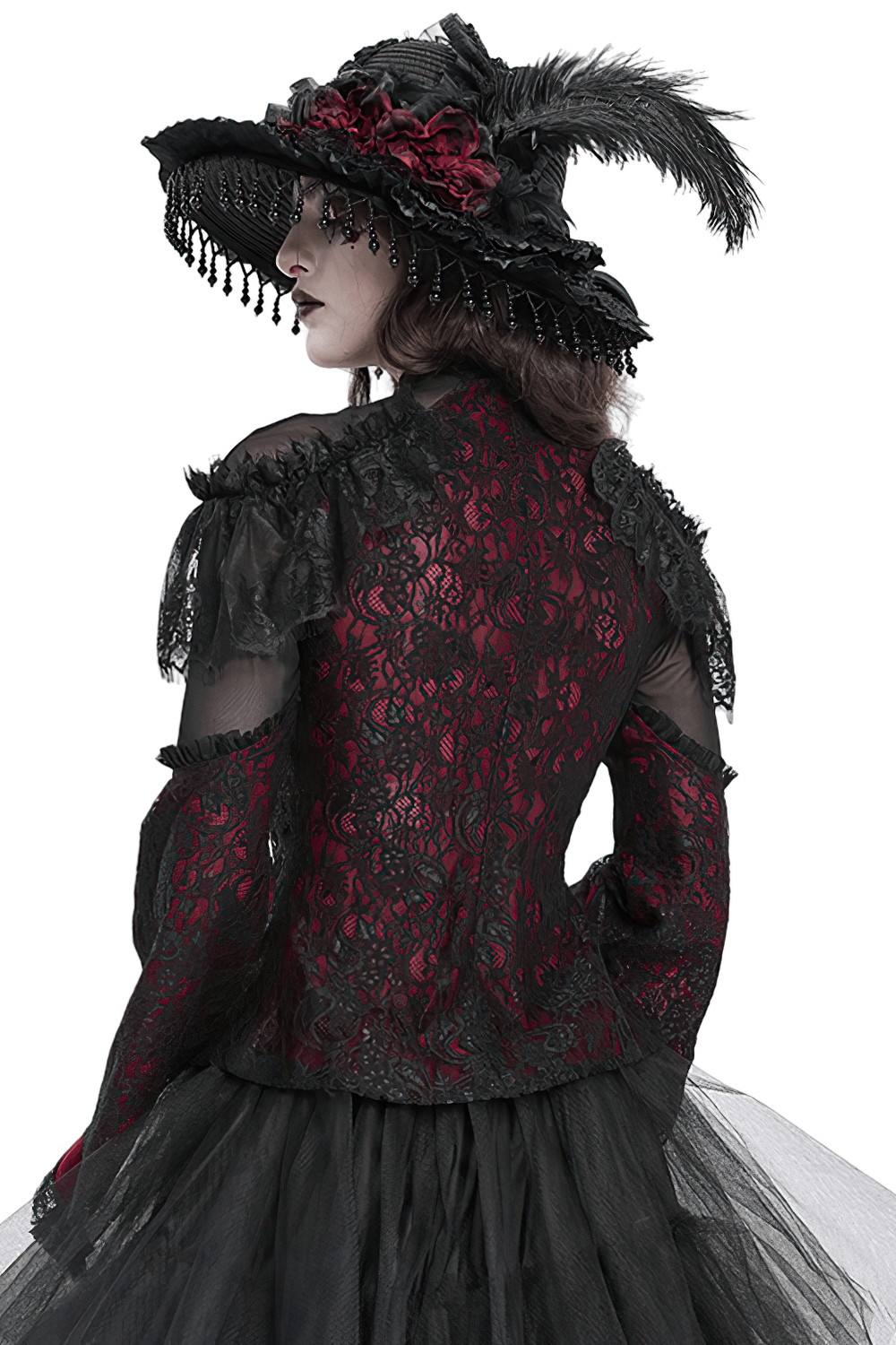 Victorian Gothic lace blouse in rich red with cold shoulder sleeves and feathered hat, showcasing romantic elegance.