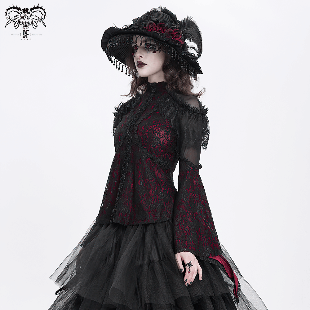 Victorian Gothic lace blouse with cold shoulder sleeves, elaborate lace details, and dramatic bell cuffs in rich red and black.