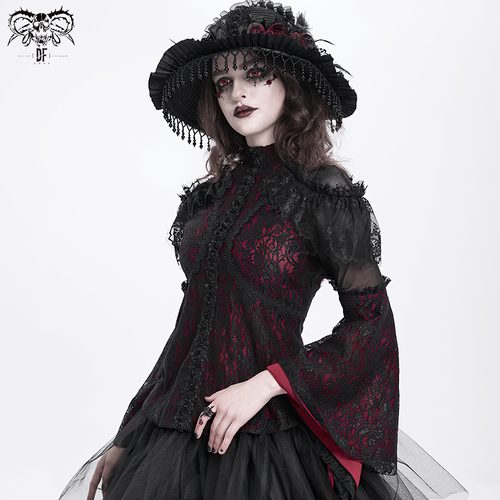 Victorian Gothic lace blouse with cold shoulders, sheer sleeves, and flared cuffs in rich black and red.