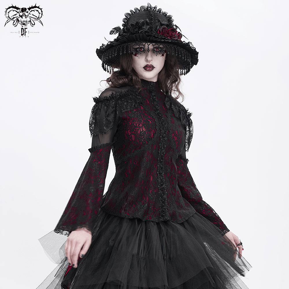 Victorian Gothic lace blouse with cold shoulder sleeves, sheer panels, and dramatic bell cuffs in rich red and black.