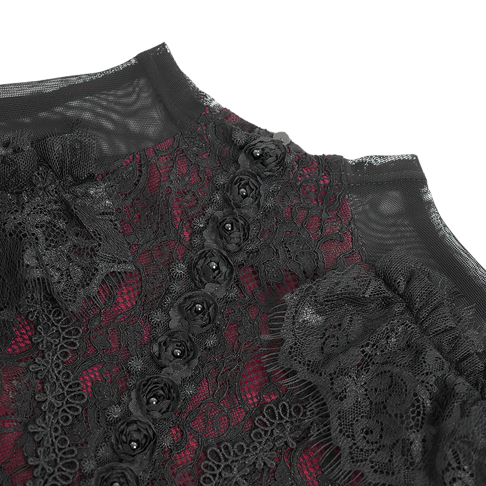 Victorian gothic lace blouse with sheer sleeves and button detail in rich red and black.