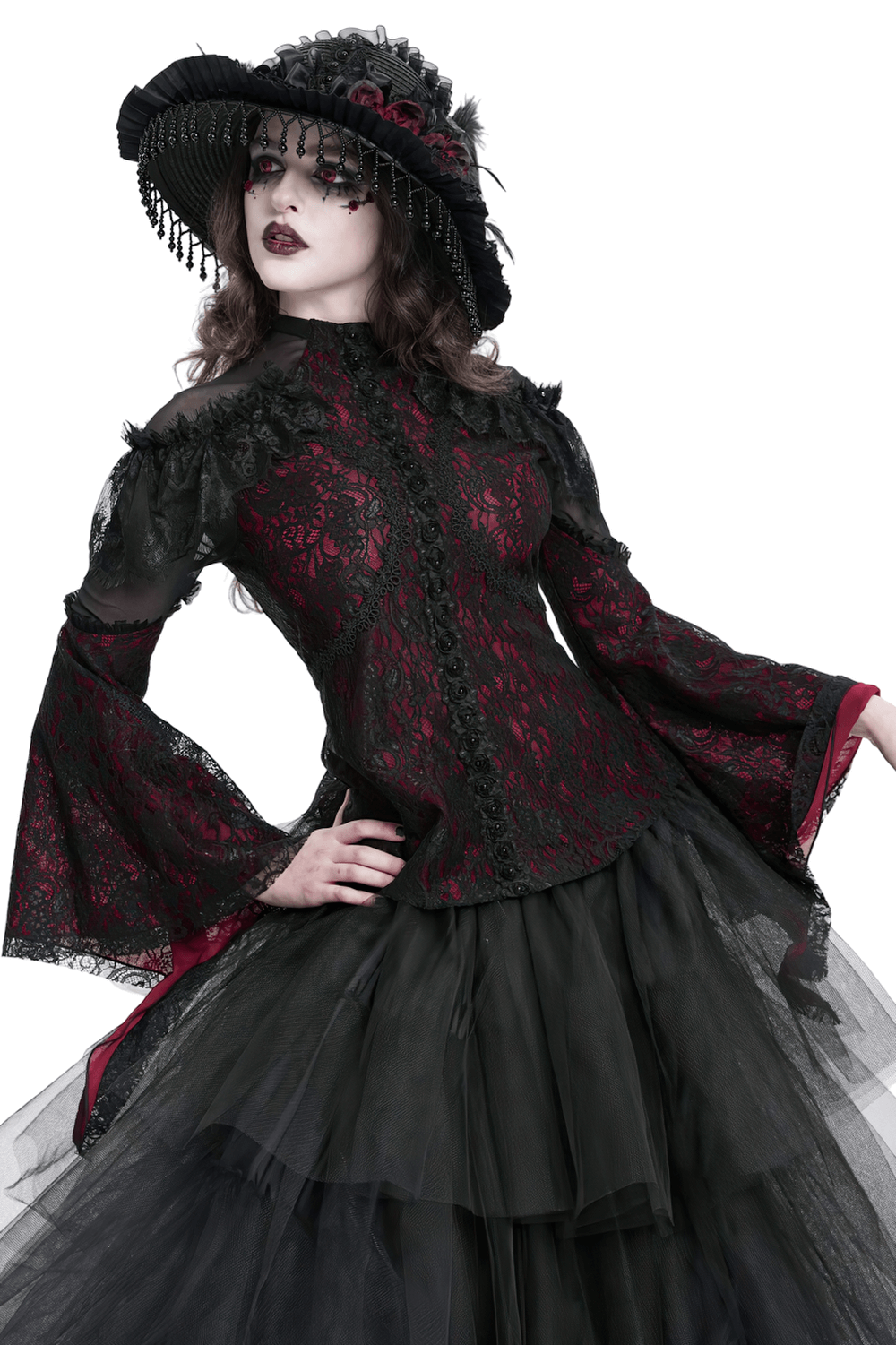 Victorian Gothic lace blouse with cold shoulder sleeves in rich red and black, featuring bell cuffs and intricate lace details.