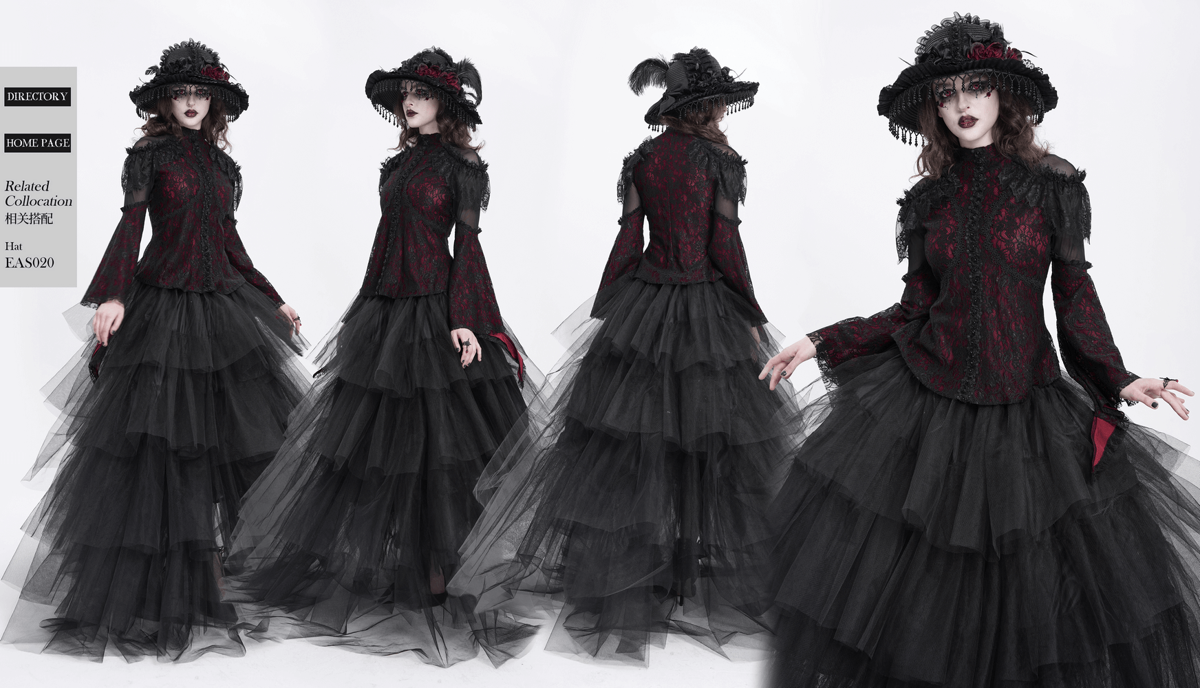 Victorian gothic lace blouse with cold shoulder sleeves in rich red and black, featuring sheer bell sleeves and dramatic ruffles.