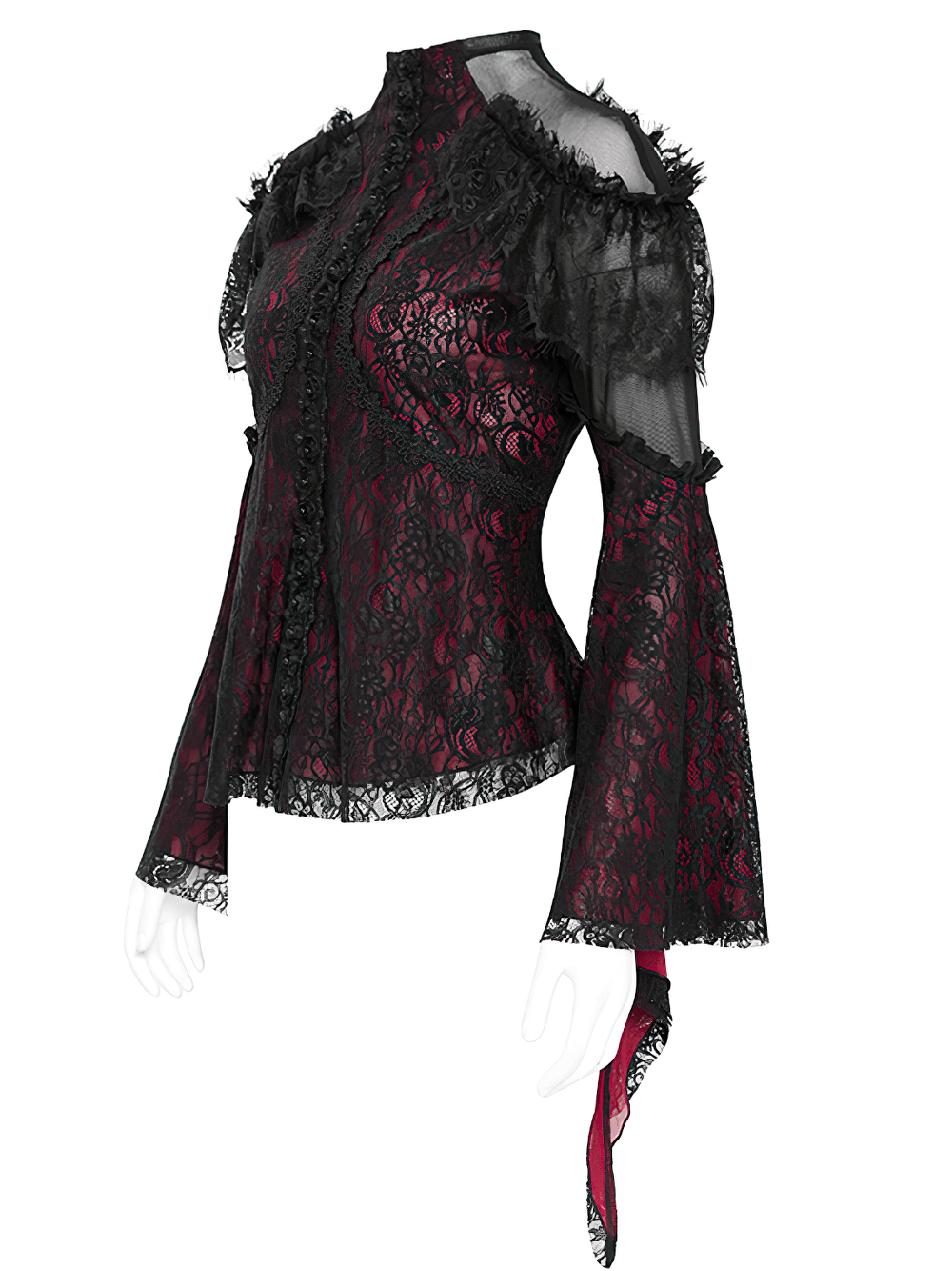 Victorian Gothic lace blouse with cold shoulder sleeves and sheer flared cuffs in rich red and black.