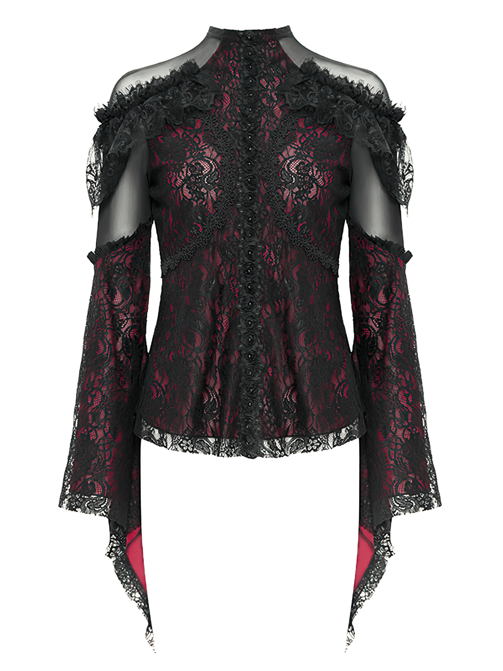 Victorian Gothic lace blouse with cold shoulder sleeves and flared cuffs, featuring sheer panels and floral lace design.