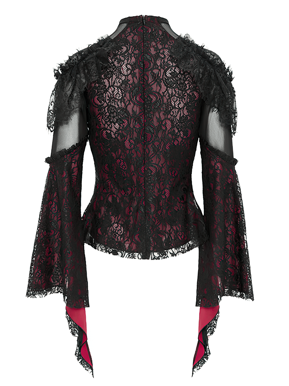 Back view of a Victorian Gothic lace blouse with sheer sleeves and flared crimson cuffs, showcasing intricate floral detailing.