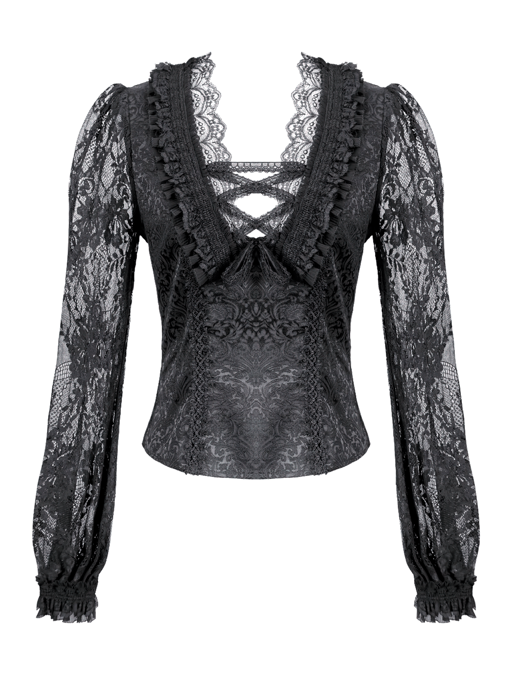 Victorian Gothic Lace Blouse with Ruffles for Women black lace blouse with sheer sleeves, ruffled trim, and crisscross neckline
