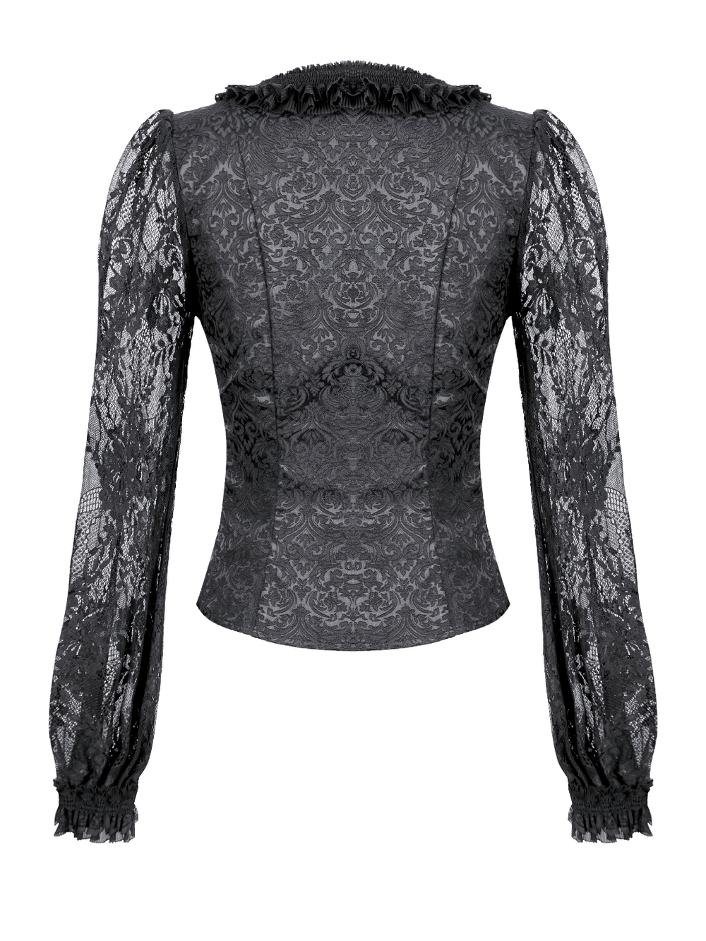Victorian Gothic Lace Blouse with Ruffles for Women, black jacquard top with sheer floral lace sleeves