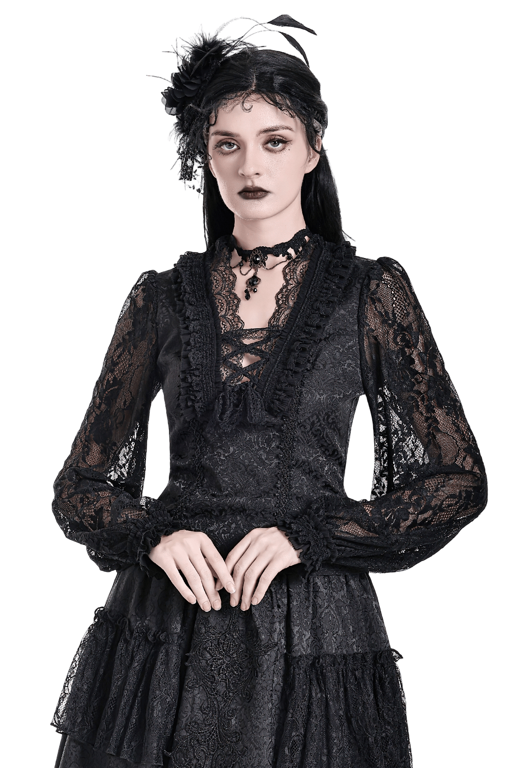 Victorian Gothic Lace Blouse with Ruffles for Women black lace blouse with sheer sleeves, ruffled trim, and crisscross neckline