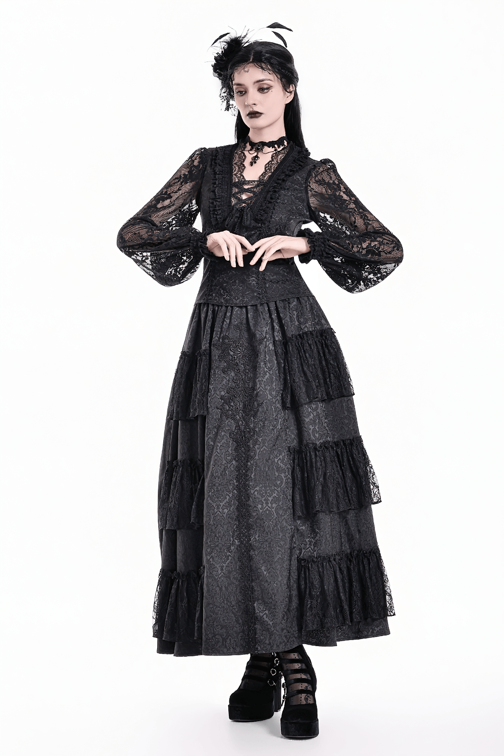 Victorian Gothic Lace Blouse with Ruffles for Women in black, featuring sheer lace sleeves and romantic ruffle trim