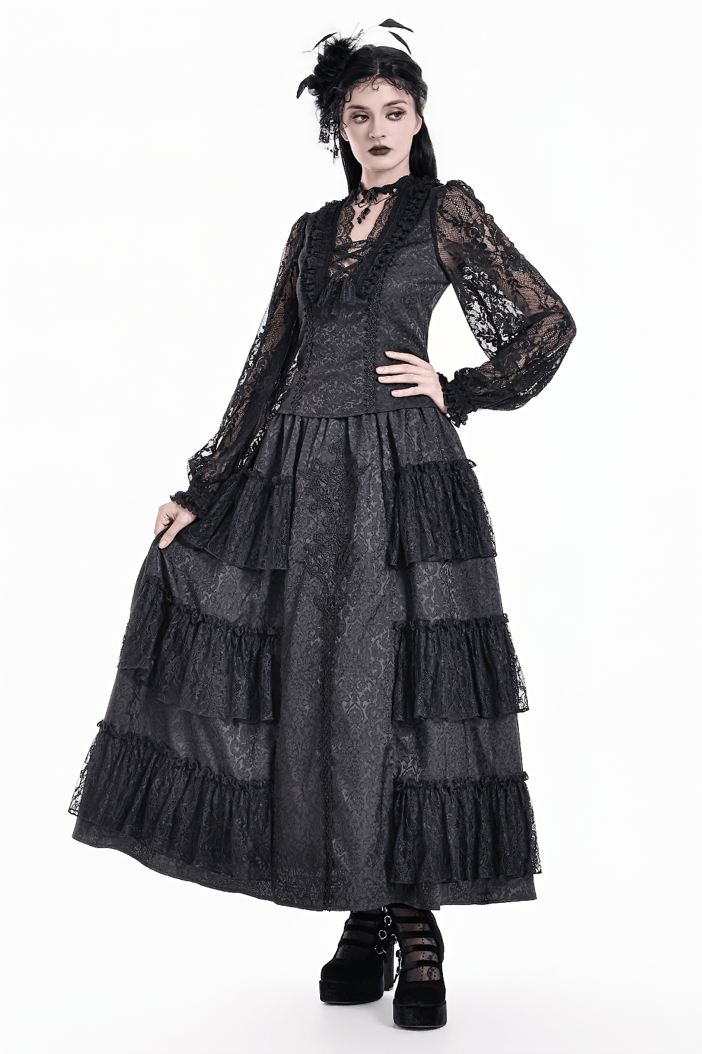 Victorian Gothic Lace Blouse with Ruffles for Women in black lace with ruffled trim, sheer sleeves, and dramatic gothic style