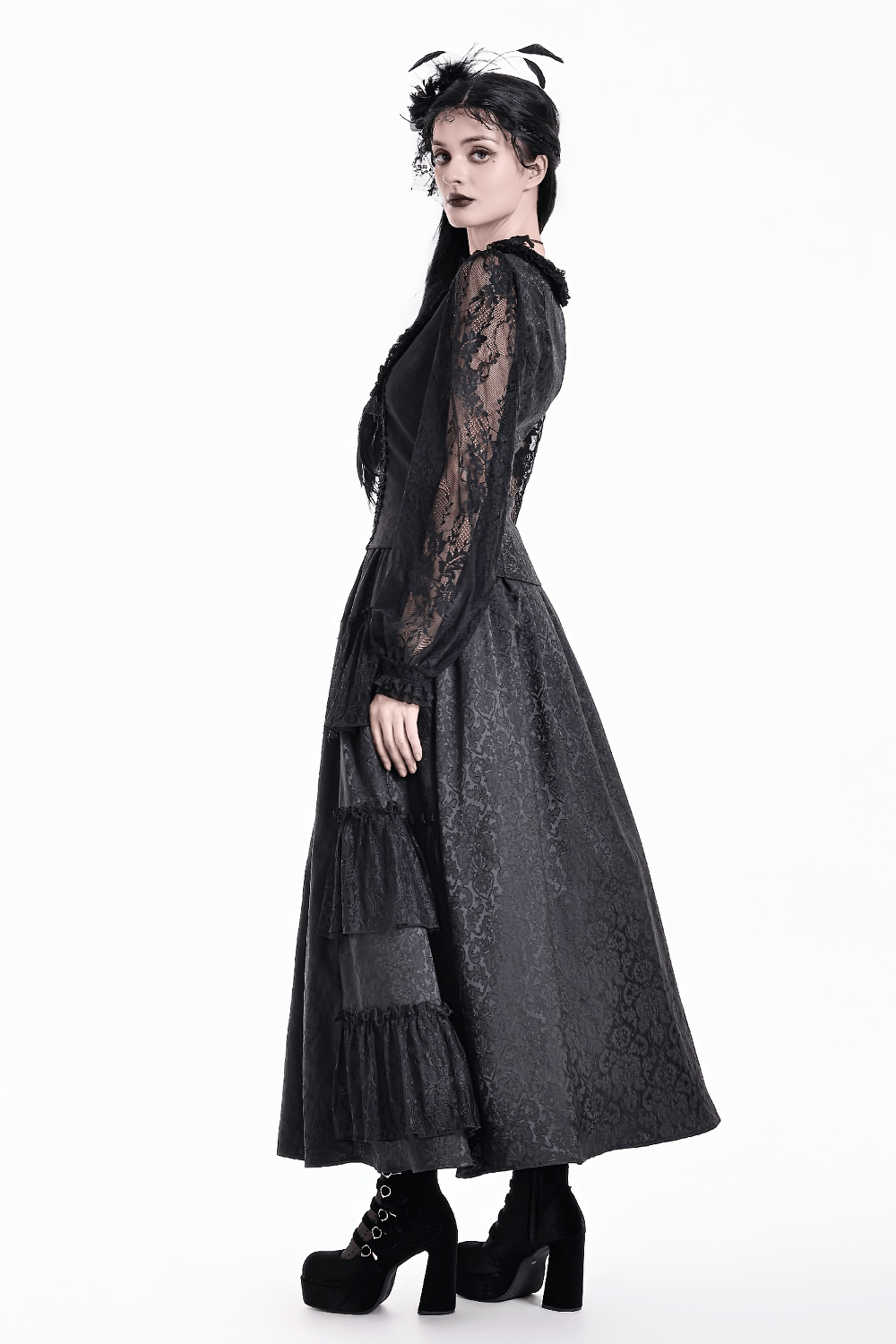 Victorian Gothic Lace Blouse with Ruffles for Women, black lace blouse with sheer sleeves and dramatic gothic silhouette