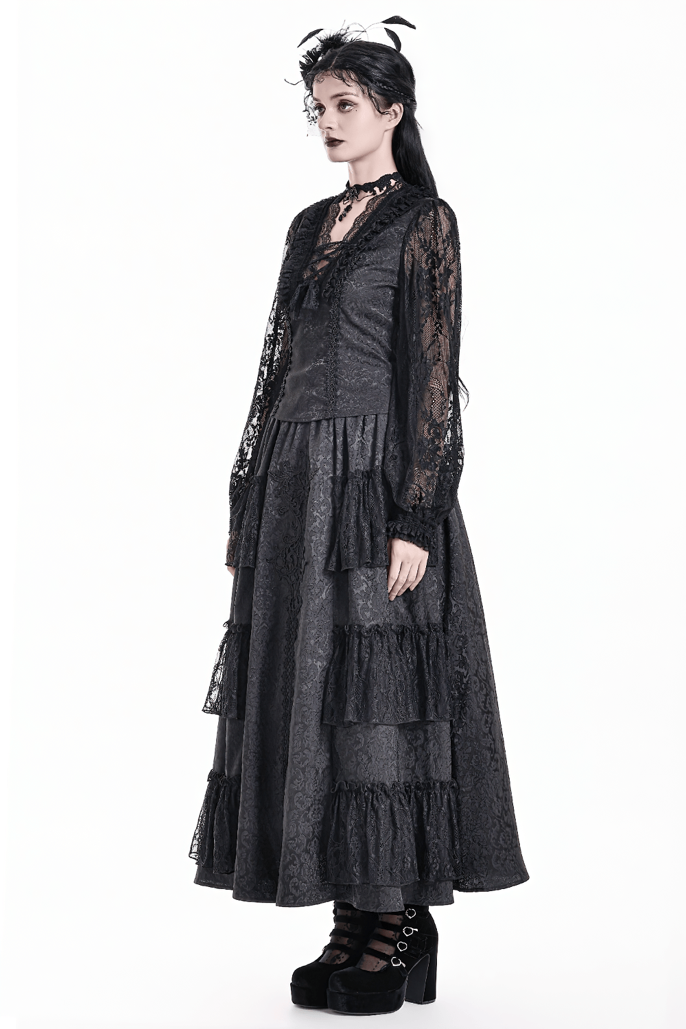 Victorian Gothic Lace Blouse with Ruffles for Women, black sheer lace top with ruffled trim and dramatic gothic style