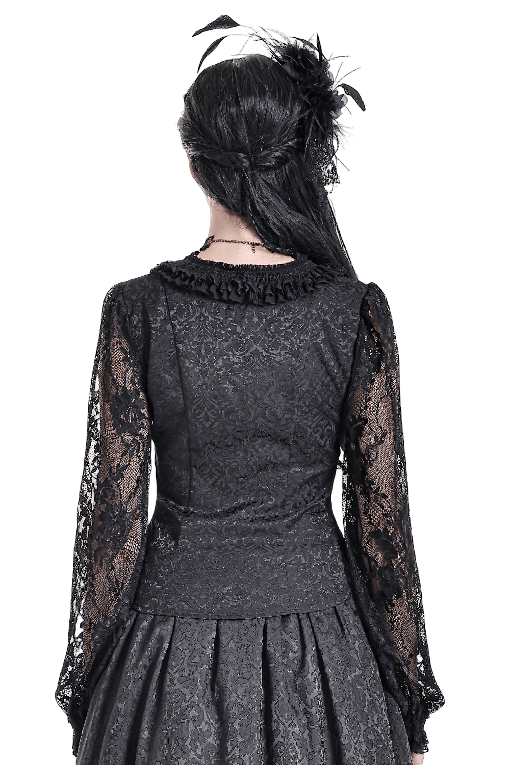Victorian Gothic Lace Blouse with Ruffles for Women, black back view with sheer lace sleeves and ruffled collar
