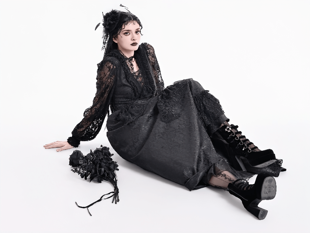 Victorian Gothic Lace Blouse with Ruffles for Women, black lace Victorian style with ruffled trim and sheer sleeves