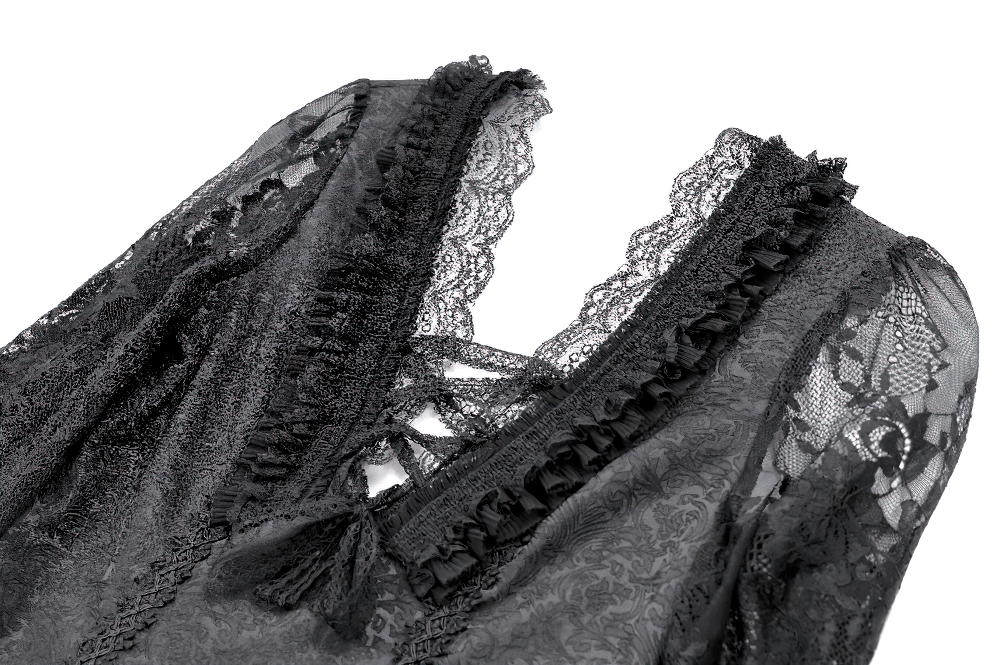 Victorian Gothic Lace Blouse with Ruffles for Women, black sheer lace top with ruffled trim and plunging neckline