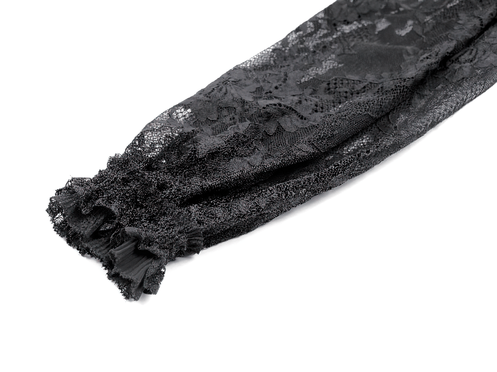 Victorian Gothic Lace Blouse with Ruffles for Women, black sheer lace sleeve with ruffled cuff