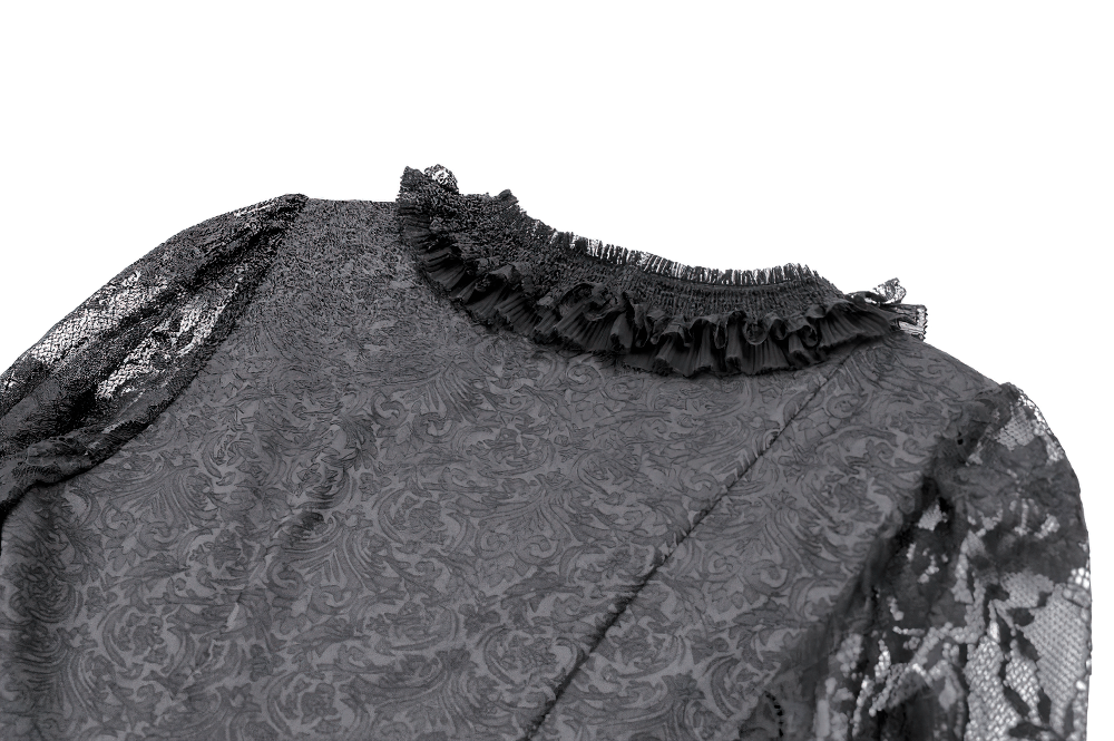 Victorian Gothic Lace Blouse with Ruffles for Women black lace blouse with ruffled neckline, sheer sleeves, and ornate jacquard bodice