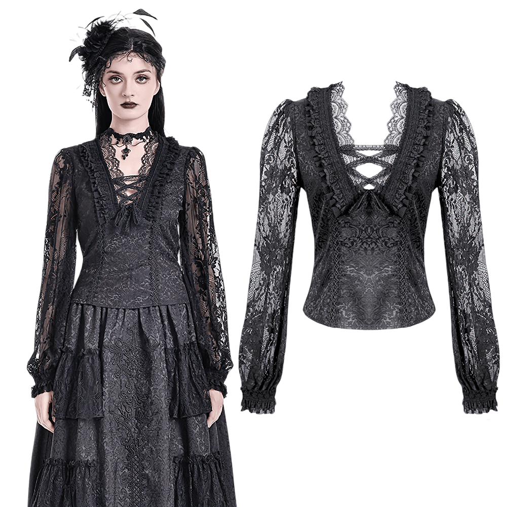 Victorian Gothic Lace Blouse with Ruffles for Women black lace blouse with sheer sleeves, plunge neckline, and crisscross back