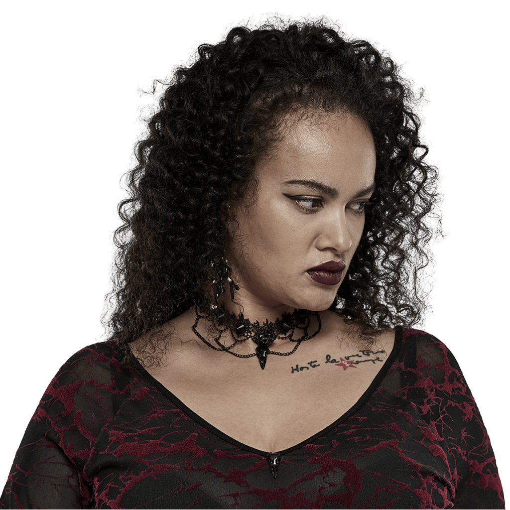 Model showcasing a Victorian Gothic lace choker with a bird skull pendant, exuding a darkly elegant vibe.