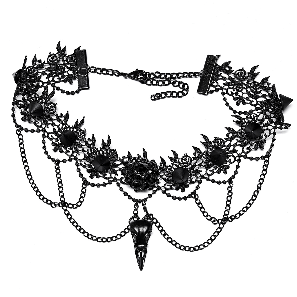 Elegant Victorian Gothic lace choker featuring a bird skull pendant and intricate chain details.