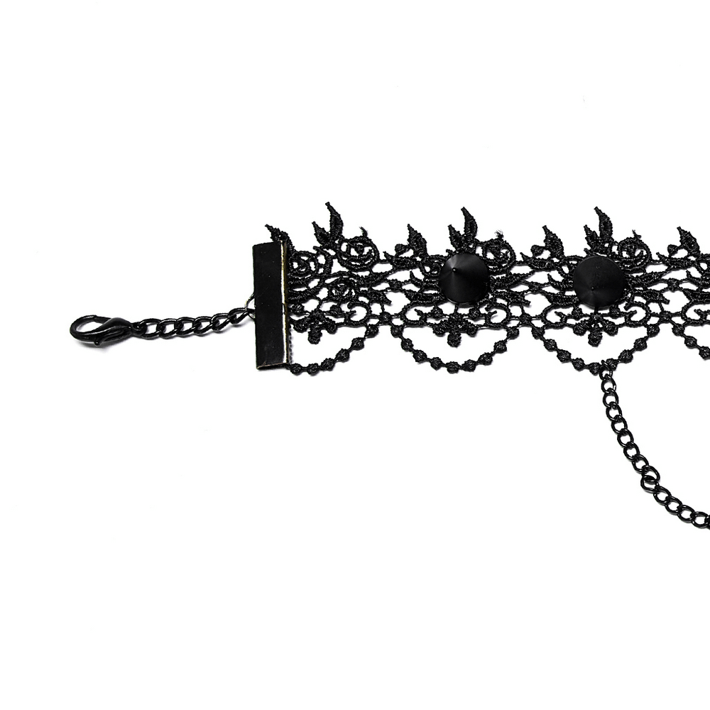 Elegant black Victorian lace choker featuring intricate designs and adjustable chain for a perfect fit.