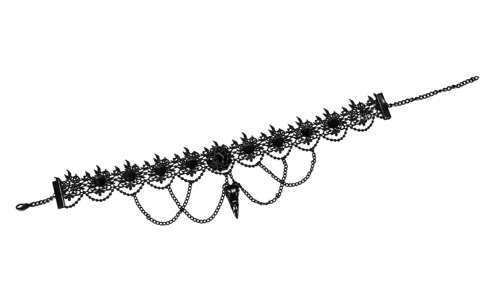 Victorian Gothic lace choker with a bird skull pendant, featuring chains and elegant, mysterious design.